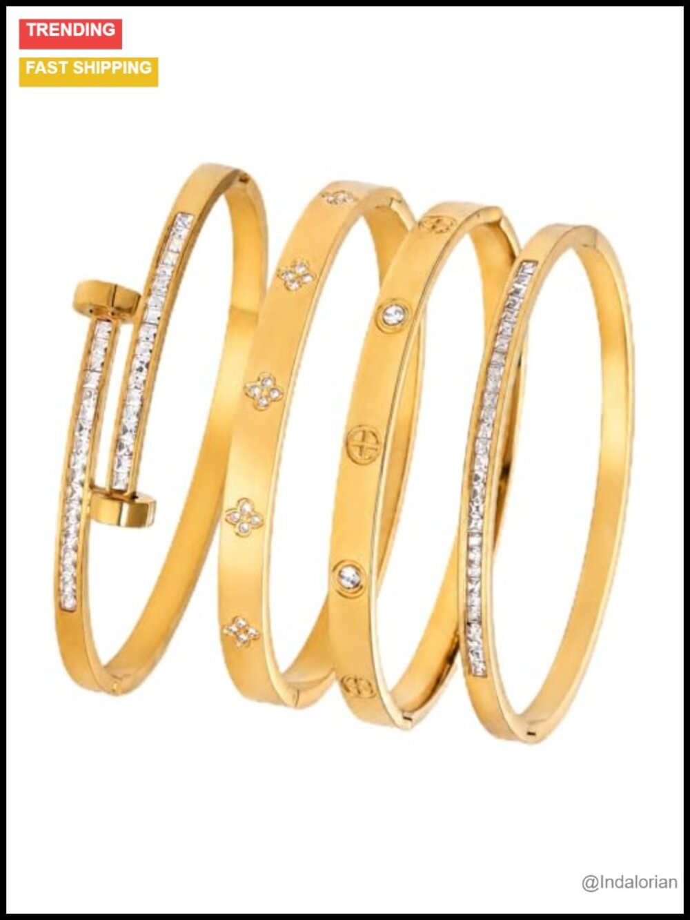 18K Gold Plated Stainless Steel Stackable Bangle Bracelets Set, 4 Pcs
